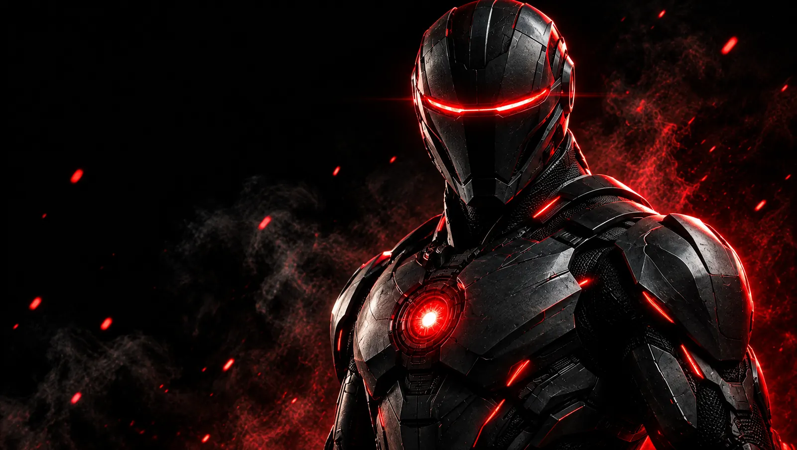Personaje de Daniel: superhéroe tecnológico con armadura grafito y visor rojo