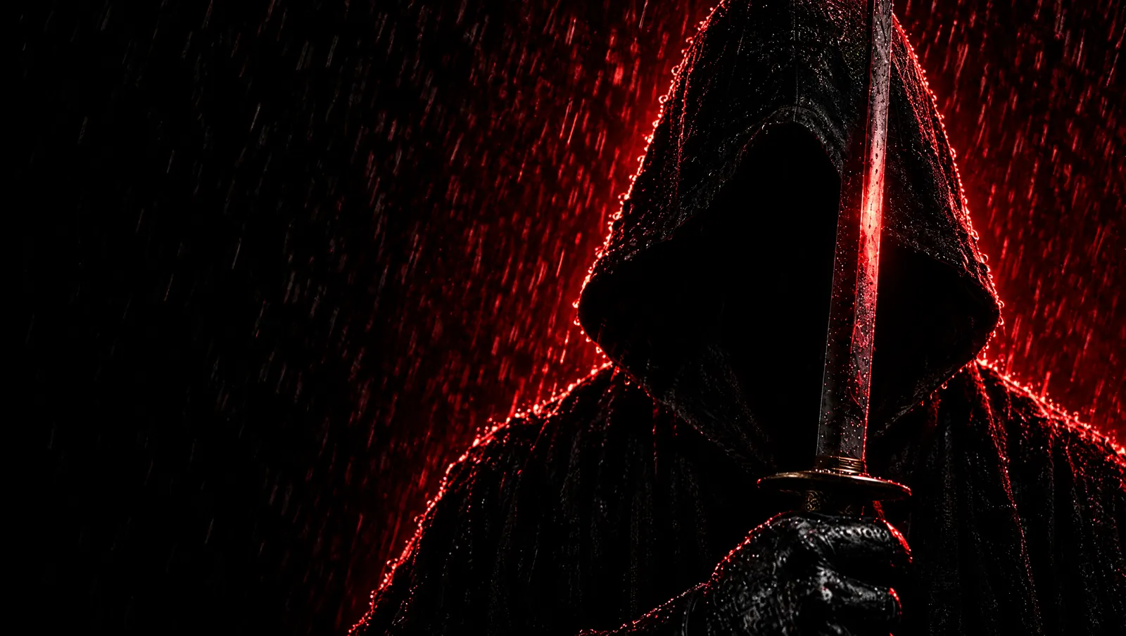 Silueta encapuchada de Kevin con una katana bajo una lluvia roja