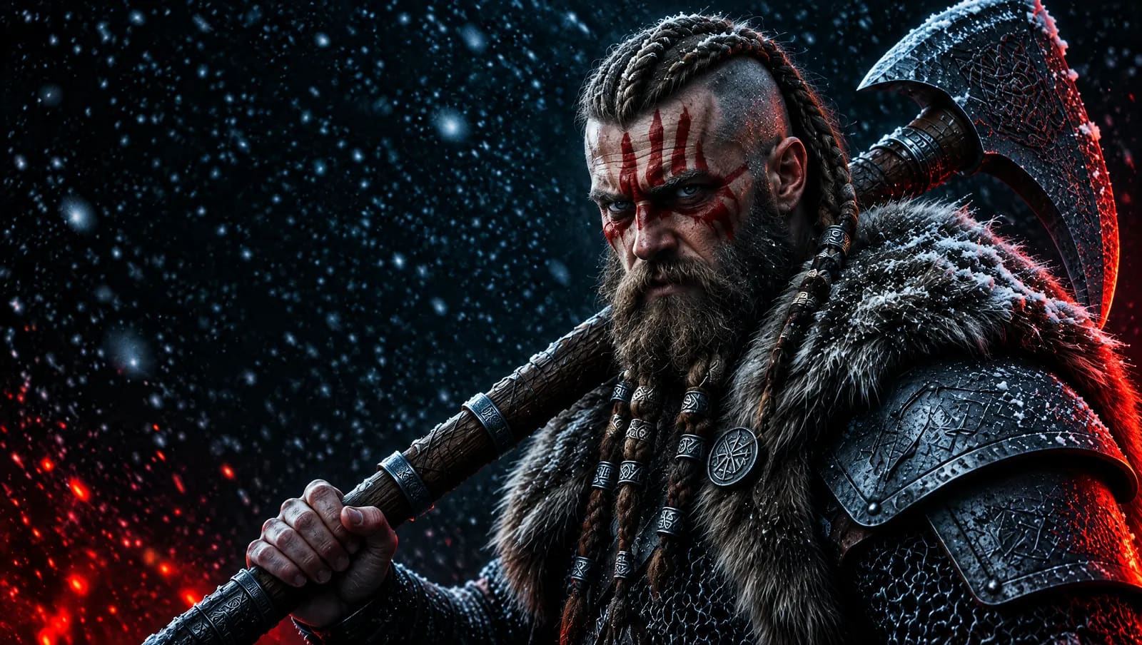 Personaje de Sebastián: vikingo de barba trenzada con pintura de guerra roja, pieles y hacha bajo la nieve